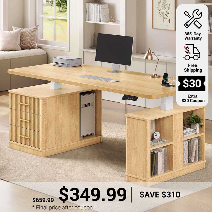 SEDETA 63 Inch Modern Fluted Electric Standing Desk Height Adjustable Computer Desk with 3 Drawers Storage Shelves Power Outlets Wood Home Office Stand up Desk