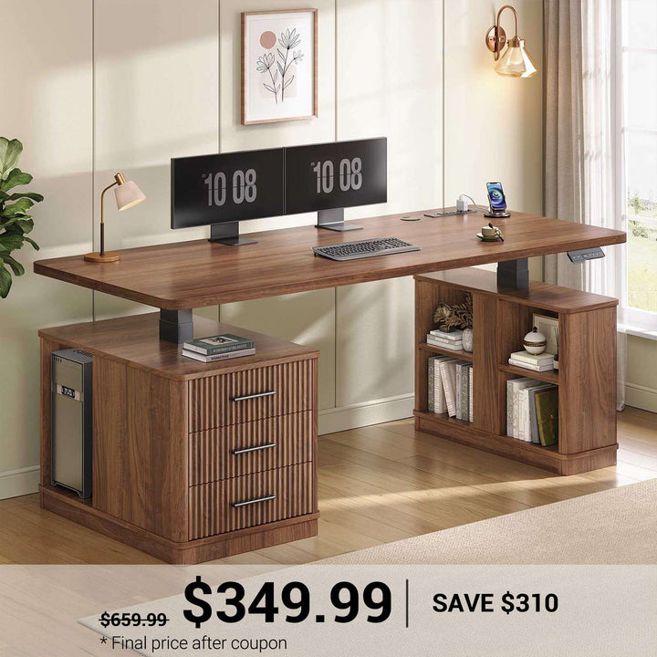 SEDETA 63 Inch Modern Fluted Electric Standing Desk Height Adjustable Computer Desk with 3 Drawers Storage Shelves Power Outlets Wood Home Office Stand up Desk