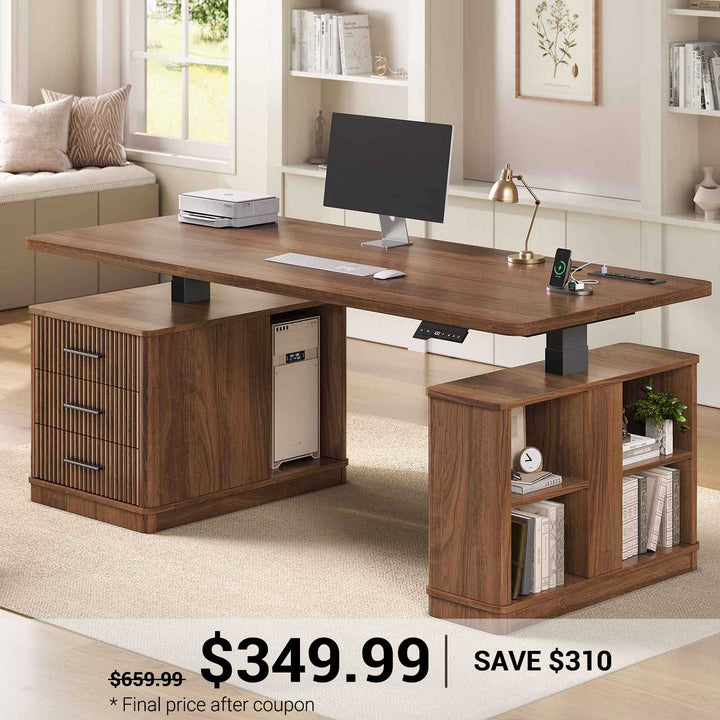 SEDETA 63 Inch Modern Fluted Electric Standing Desk Height Adjustable Computer Desk with 3 Drawers Storage Shelves Power Outlets Wood Home Office Stand up Desk