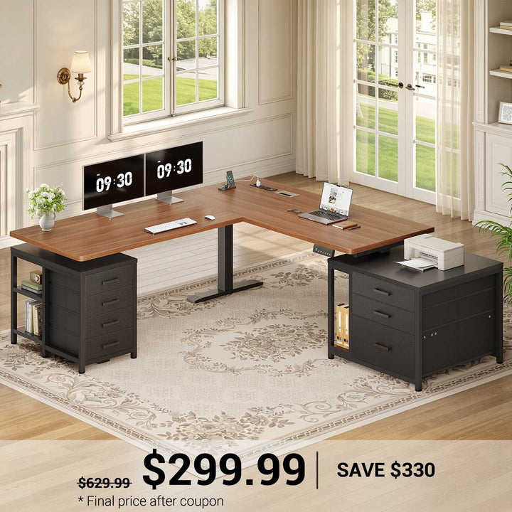 SEDETA | 63 Inch Sit Stand Desk with Storage Shelves 3 Memory Presets Height Adjustable Stand Up Desk with Power Outlets L Shaped Electric Standing Desk with 7 Drawers