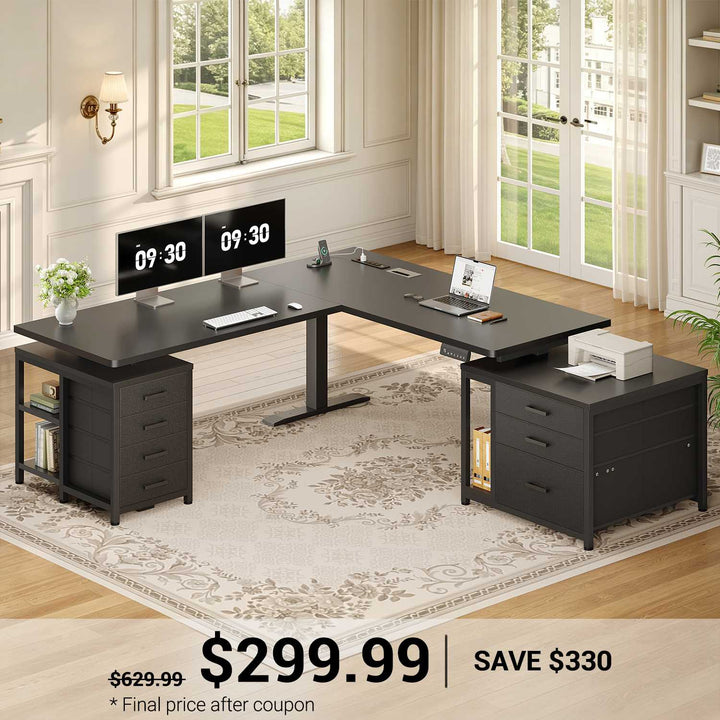 SEDETA | 63 Inch Sit Stand Desk with Storage Shelves 3 Memory Presets Height Adjustable Stand Up Desk with Power Outlets L Shaped Electric Standing Desk with 7 Drawers