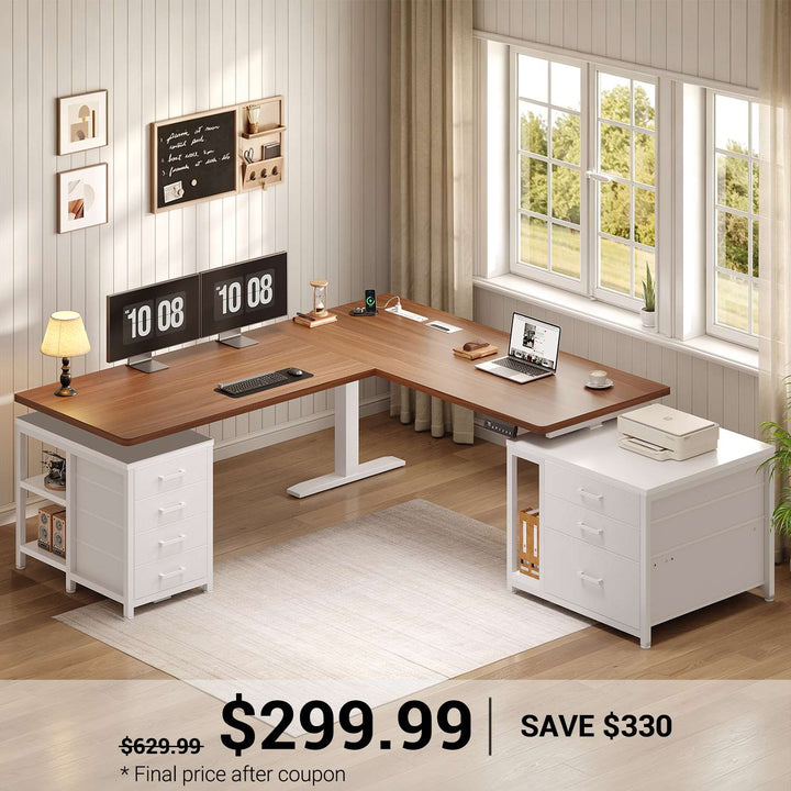 SEDETA | 63 Inch Sit Stand Desk with Storage Shelves 3 Memory Presets Height Adjustable Stand Up Desk with Power Outlets L Shaped Electric Standing Desk with 7 Drawers