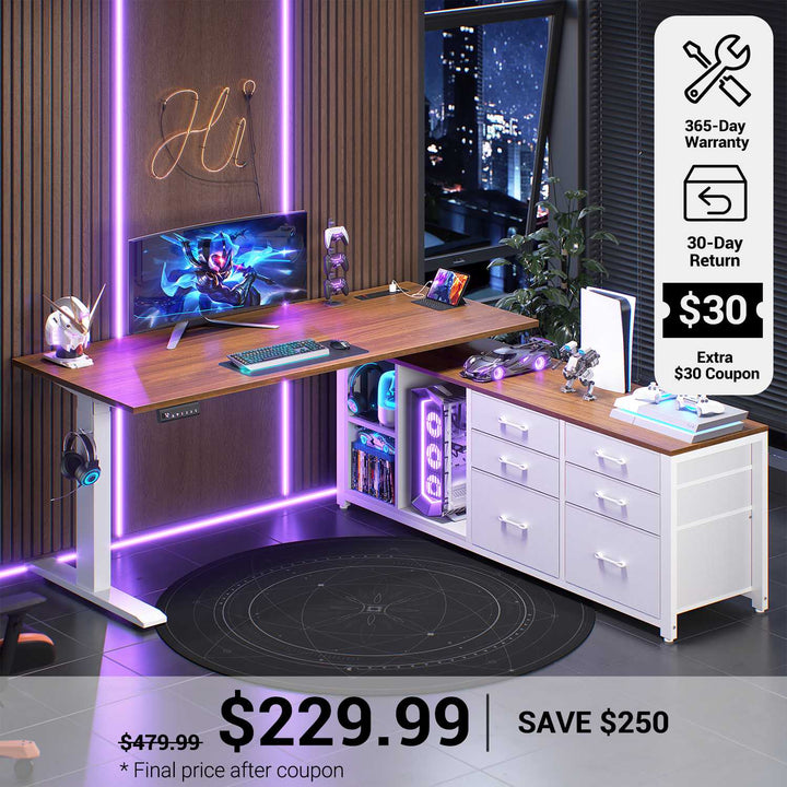 SEDETA® 55.1 Inch Height Adjustable Electric Standing Desk Office Executive Desk L Shaped Sit Stand Computer Desk with Storage Shelves 6 Fabric Drawers Power Outlet