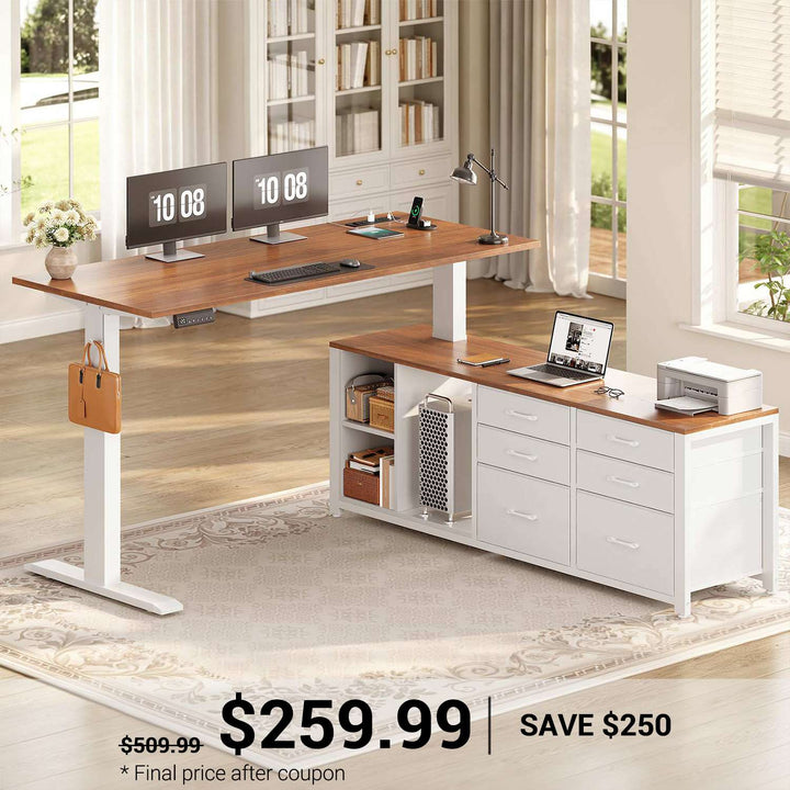 SEDETA 55.1 Inch L Shaped Electric Standing Desk Height Adjustable Sit Stand Office Computer Executive Desk with Power Outlet 6 Fabric Drawers Storage Shelves
