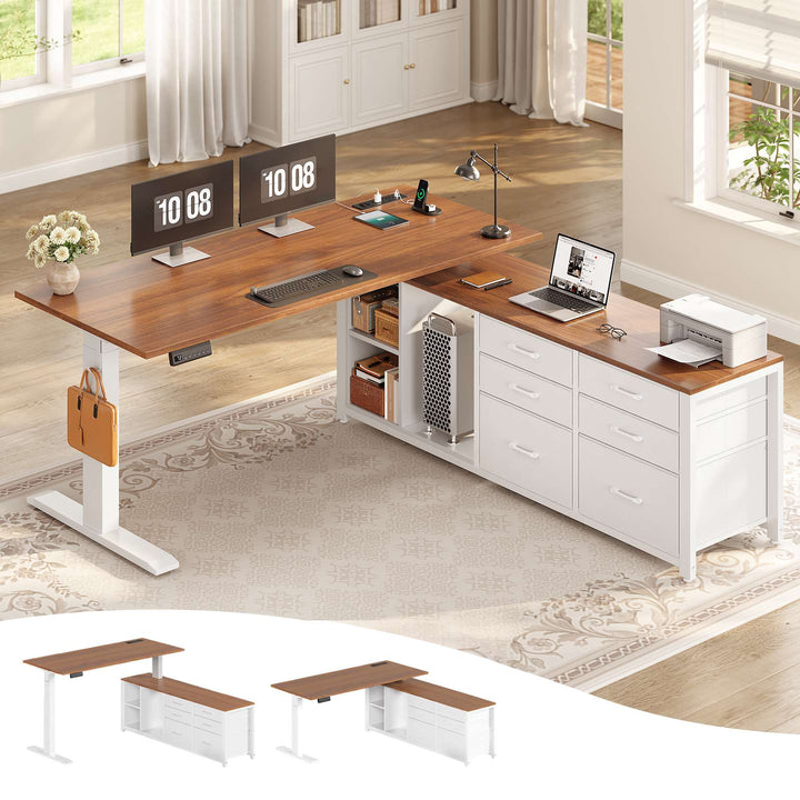 SEDETA 55.1 Inch L Shaped Electric Standing Desk Height Adjustable Sit Stand Office Computer Executive Desk with Power Outlet 6 Fabric Drawers Storage Shelves