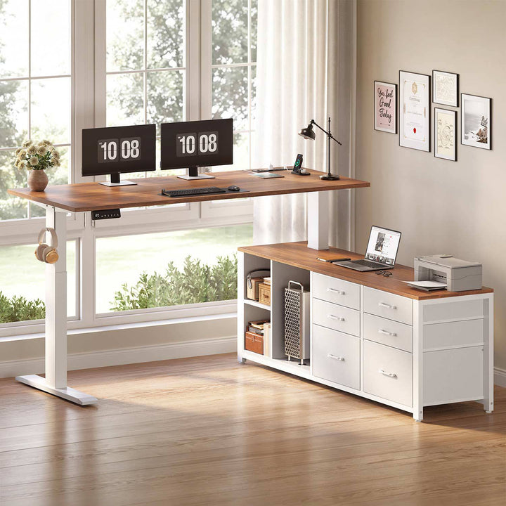 SEDETA 55.1 Inch L Shaped Electric Standing Desk Height Adjustable Sit Stand Office Computer Executive Desk with Power Outlet 6 Fabric Drawers Storage Shelves