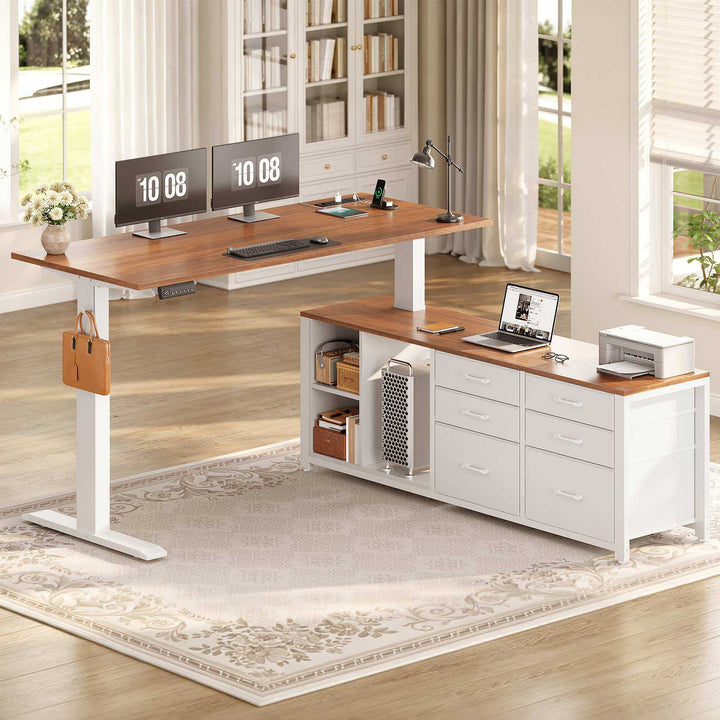 SEDETA 55.1 Inch L Shaped Electric Standing Desk Height Adjustable Sit Stand Office Computer Executive Desk with Power Outlet 6 Fabric Drawers Storage Shelves