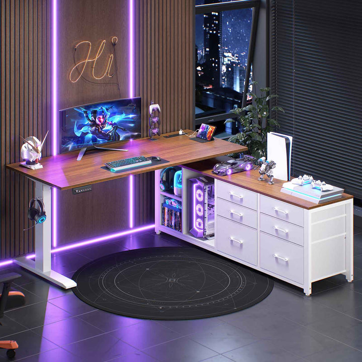 SEDETA 55.1 Inch L Shaped Electric Standing Desk Height Adjustable Sit Stand Office Computer Executive Desk with Power Outlet 6 Fabric Drawers Storage Shelves