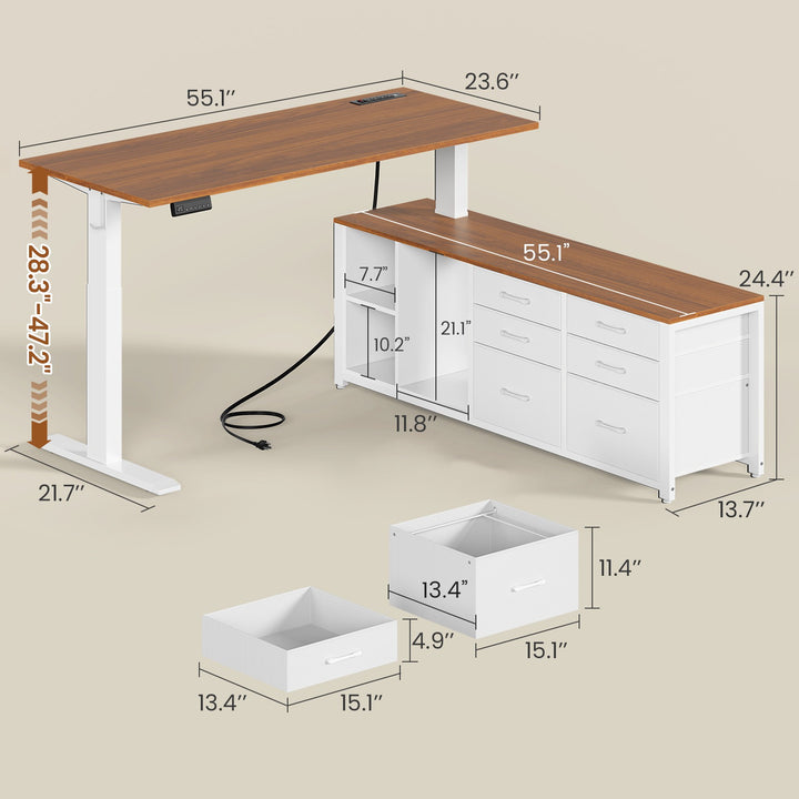 SEDETA 55.1 Inch L Shaped Electric Standing Desk Height Adjustable Sit Stand Office Computer Executive Desk with Power Outlet 6 Fabric Drawers Storage Shelves