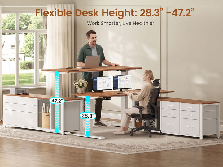 SEDETA 55.1 Inch L Shaped Electric Standing Desk Height Adjustable Sit Stand Office Computer Executive Desk with Power Outlet 6 Fabric Drawers Storage Shelves