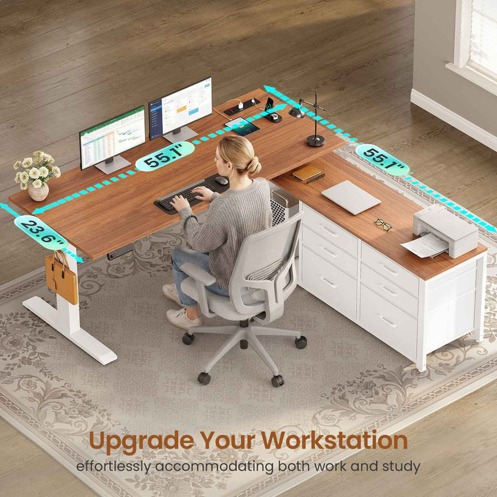SEDETA 55.1 Inch L Shaped Electric Standing Desk Height Adjustable Sit Stand Office Computer Executive Desk with Power Outlet 6 Fabric Drawers Storage Shelves