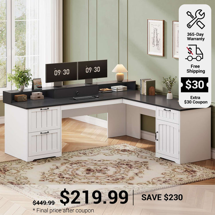 SEDETA 63 Inch Farmhouse Corner Computer Desk L Shaped Wood Desk with File Drawers Storage Monitor Stand for Home Office