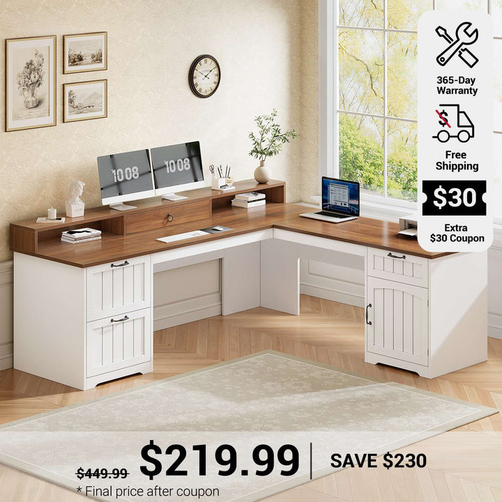 SEDETA 63 Inch Farmhouse Corner Computer Desk L Shaped Wood Desk with File Drawers Storage Monitor Stand for Home Office