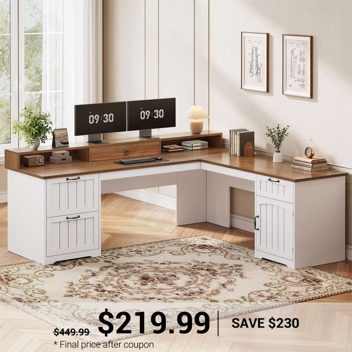 SEDETA 63 Inch Farmhouse Corner Computer Desk L Shaped Wood Desk with File Drawers Storage Monitor Stand for Home Office