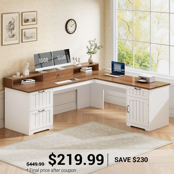 SEDETA 63 Inch Farmhouse Corner Computer Desk L Shaped Wood Desk with File Drawers Storage Monitor Stand for Home Office