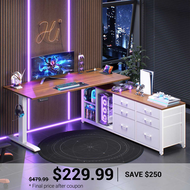 SEDETA | 55.1 Inch Sit Stand Computer Desk L Shaped Electric Standing Desk Height Adjustable Office Executive Desk with 6 Fabric Drawers Storage Shelves Power Outlet
