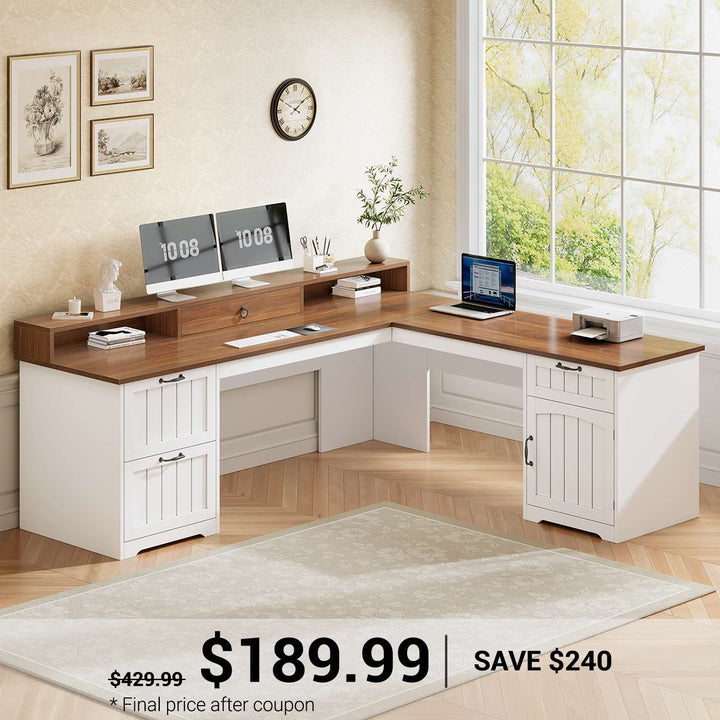 SEDETA | 63 Inch Farmhouse Wood Corner Ergonomic Computer Desk Home Office Desk with Storage File Drawers Monitor Stand