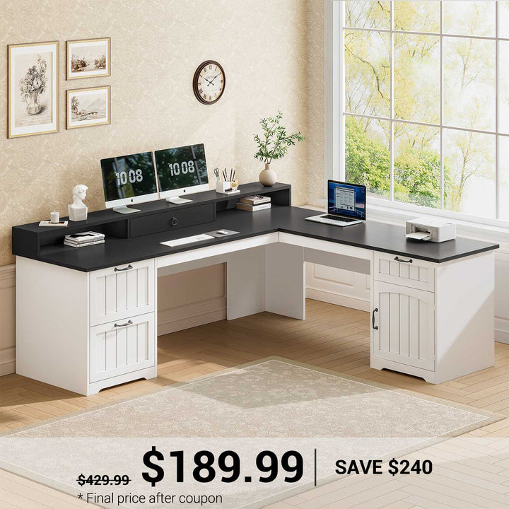 SEDETA | 63 Inch Farmhouse Wood Corner Ergonomic Computer Desk Home Office Desk with Storage File Drawers Monitor Stand
