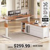 SEDETA 55.1 Inch L Shaped Electric Standing Desk Height Adjustable Sit Stand Office Computer Executive Desk with Power Outlet 6 Fabric Drawers Storage Shelves