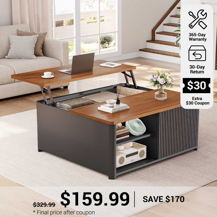 SEDETA® 31.5 Inch Fluted Lift Top Coffee Table with Large Hidden Storage Compartment Square Coffee Tables for Living Room Coffee Table with Adjustable Shelves