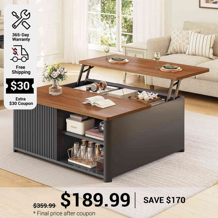 SEDETA 31.5 Inch Lift Top Coffee Table with Storage Square Coffee Tables for Living Room Fluted Coffee Table with Large Hidden Storage Compartment and Adjustable Shelves