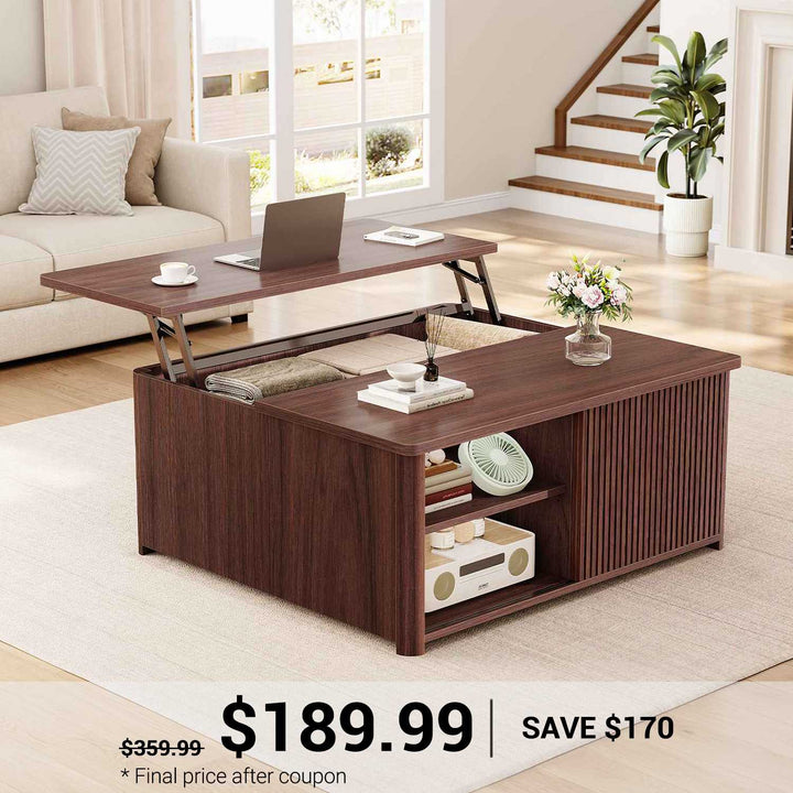 SEDETA 31.5 Inch Lift Top Coffee Table with Storage Square Coffee Tables for Living Room Fluted Coffee Table with Large Hidden Storage Compartment and Adjustable Shelves