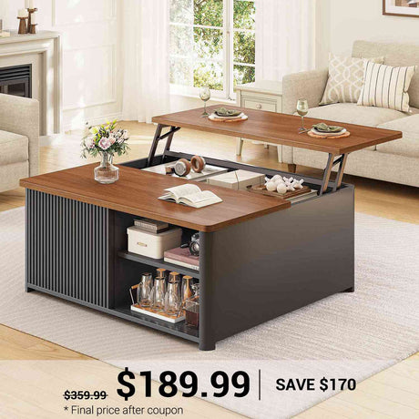 SEDETA 31.5 Inch Lift Top Coffee Table with Storage Square Coffee Tables for Living Room Fluted Coffee Table with Large Hidden Storage Compartment and Adjustable Shelves