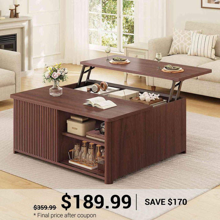 SEDETA 31.5 Inch Lift Top Coffee Table with Storage Square Coffee Tables for Living Room Fluted Coffee Table with Large Hidden Storage Compartment and Adjustable Shelves