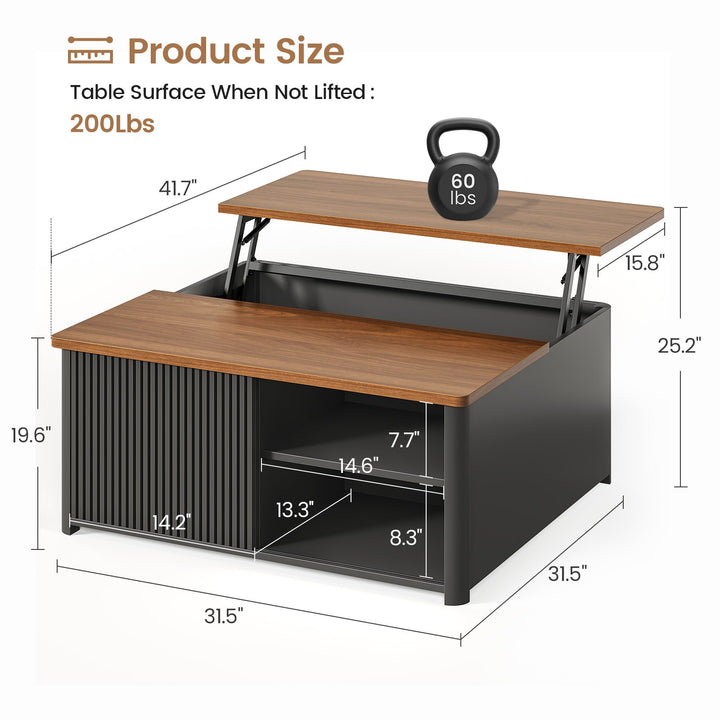 SEDETA | 31.5 Inch Fluted Square Coffee Table with Large Hidden Storage Compartment Lift Top Coffee Table for Living Room Coffee Table with Adjustable Shelves