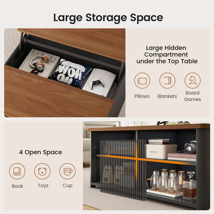 SEDETA | 31.5 Inch Fluted Square Coffee Table with Large Hidden Storage Compartment Lift Top Coffee Table for Living Room Coffee Table with Adjustable Shelves