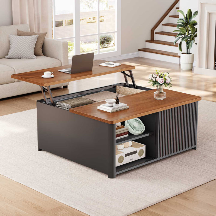 SEDETA | 31.5 Inch Fluted Square Coffee Table with Large Hidden Storage Compartment Lift Top Coffee Table for Living Room Coffee Table with Adjustable Shelves