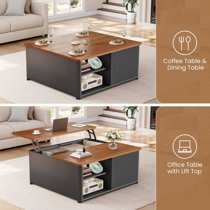 SEDETA | 31.5 Inch Fluted Square Coffee Table with Large Hidden Storage Compartment Lift Top Coffee Table for Living Room Coffee Table with Adjustable Shelves