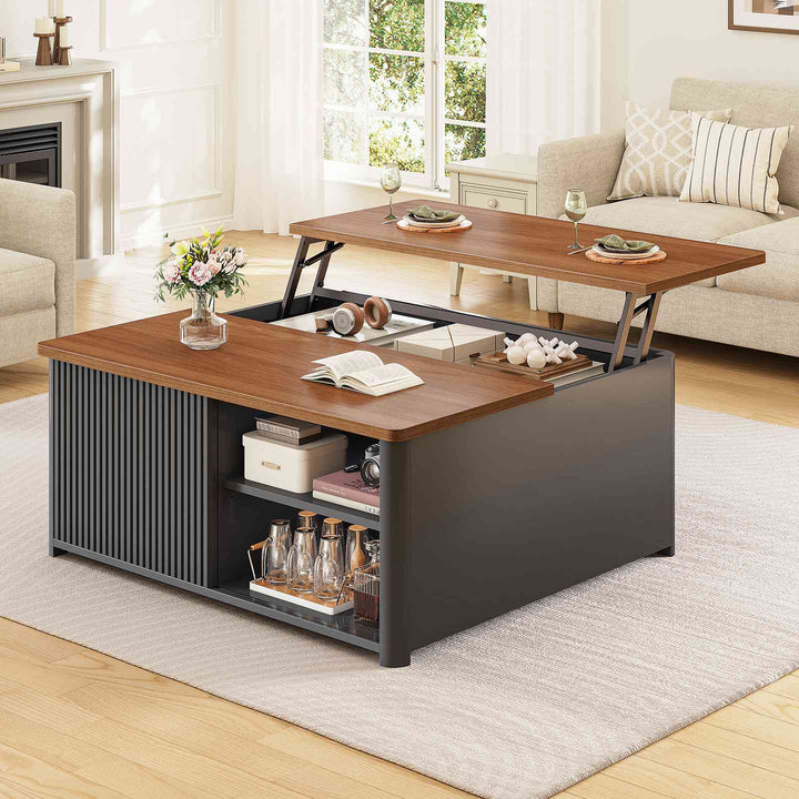 SEDETA | 31.5 Inch Fluted Square Coffee Table with Large Hidden Storage Compartment Lift Top Coffee Table for Living Room Coffee Table with Adjustable Shelves