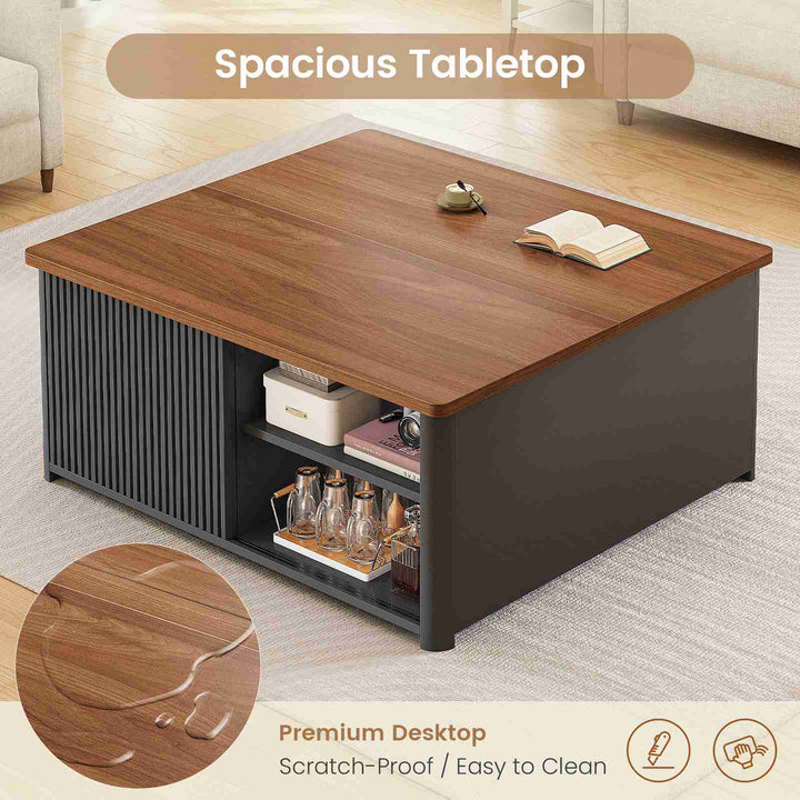 SEDETA | 31.5 Inch Fluted Square Coffee Table with Large Hidden Storage Compartment Lift Top Coffee Table for Living Room Coffee Table with Adjustable Shelves