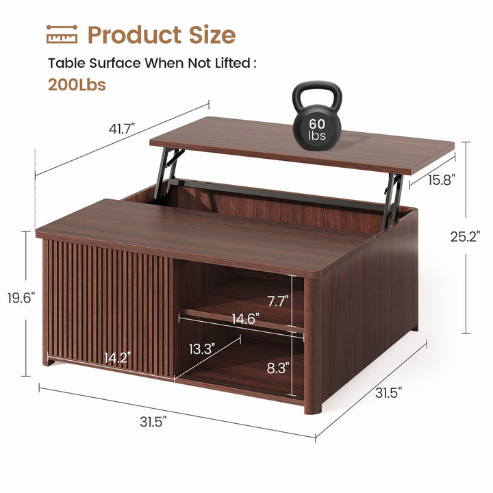 SEDETA | 31.5 Inch Fluted Square Coffee Table with Large Hidden Storage Compartment Lift Top Coffee Table for Living Room Coffee Table with Adjustable Shelves