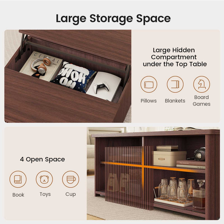 SEDETA | 31.5 Inch Fluted Square Coffee Table with Large Hidden Storage Compartment Lift Top Coffee Table for Living Room Coffee Table with Adjustable Shelves