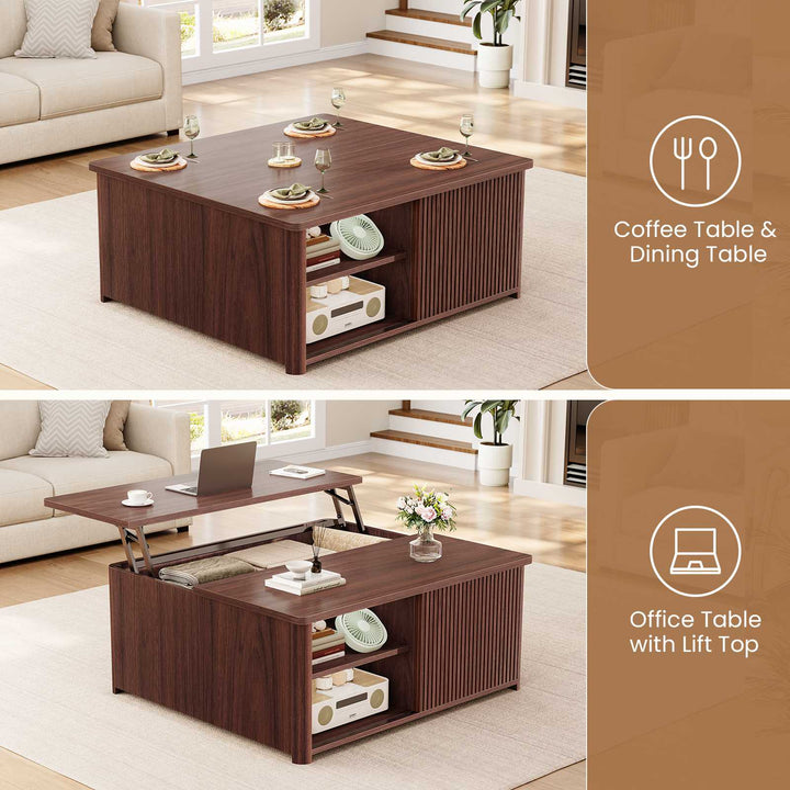 SEDETA | 31.5 Inch Fluted Square Coffee Table with Large Hidden Storage Compartment Lift Top Coffee Table for Living Room Coffee Table with Adjustable Shelves
