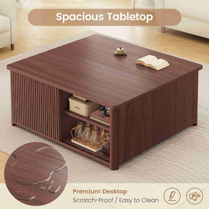 SEDETA | 31.5 Inch Fluted Square Coffee Table with Large Hidden Storage Compartment Lift Top Coffee Table for Living Room Coffee Table with Adjustable Shelves