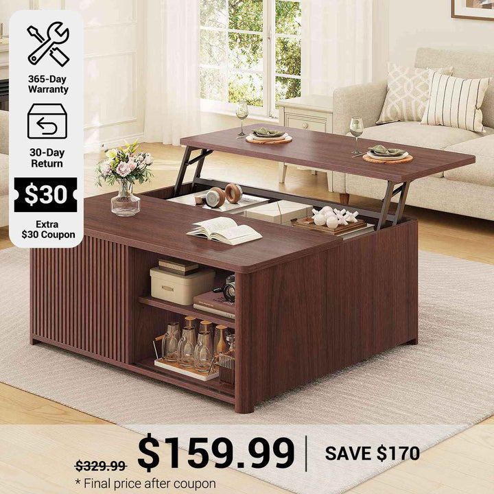 SEDETA® 31.5 Inch Fluted Lift Top Coffee Table with Large Hidden Storage Compartment Square Coffee Tables for Living Room Coffee Table with Adjustable Shelves