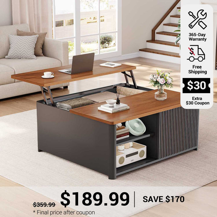SEDETA 31.5 Inch Lift Top Coffee Table with Storage Square Coffee Tables for Living Room Fluted Coffee Table with Large Hidden Storage Compartment and Adjustable Shelves
