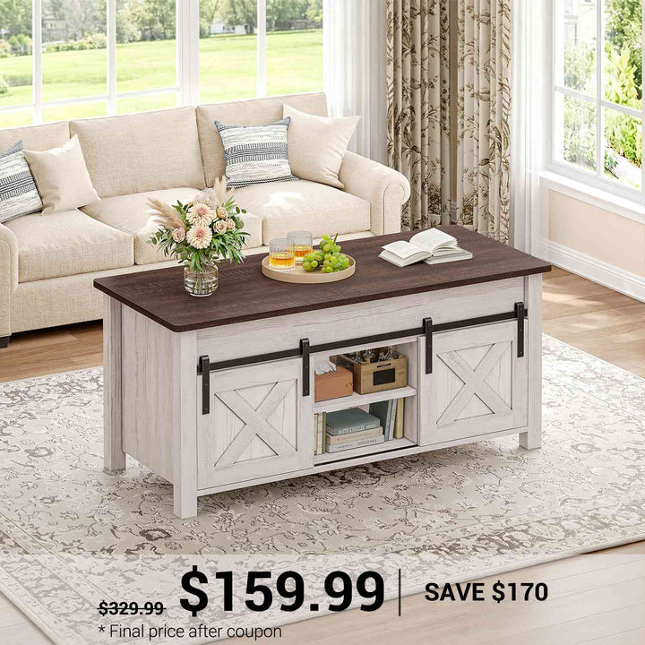 SEDETA® 39.3 Inch Lift Top Coffee Table with Hidden Compartment Farmhouse Lift Tabletop with Open Storage Shelf Dining Table with Gas Spring for Living Room
