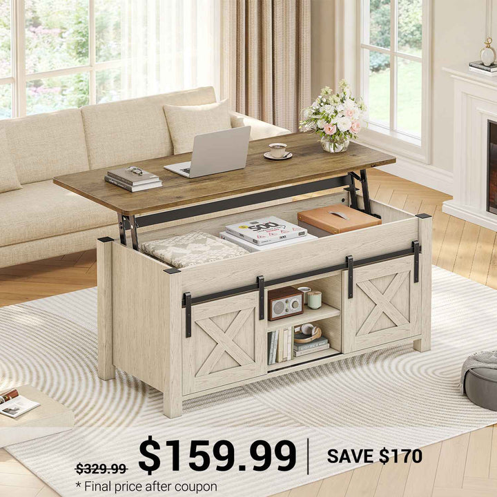 SEDETA® 39.3 Inch Lift Top Coffee Table with Hidden Compartment Farmhouse Lift Tabletop with Open Storage Shelf Dining Table with Gas Spring for Living Room