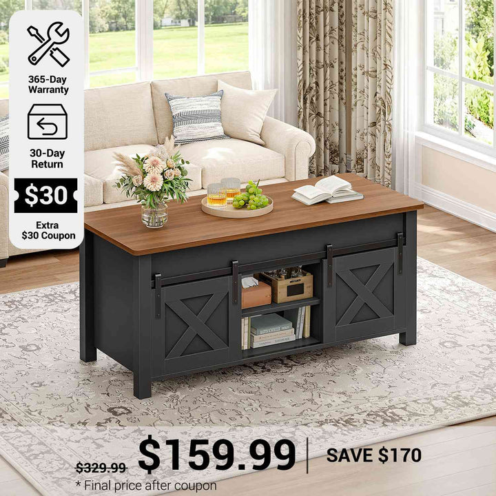 SEDETA® 39.3 Inch Lift Top Coffee Table with Hidden Compartment Farmhouse Lift Tabletop with Open Storage Shelf Dining Table with Gas Spring for Living Room