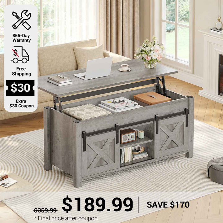 SEDETA 39.3 Inch Lift Top Coffee Table Farmhouse Lift Tabletop Dining Table Gas Spring Hidden Compartment Open Storage Shelf for Living Room