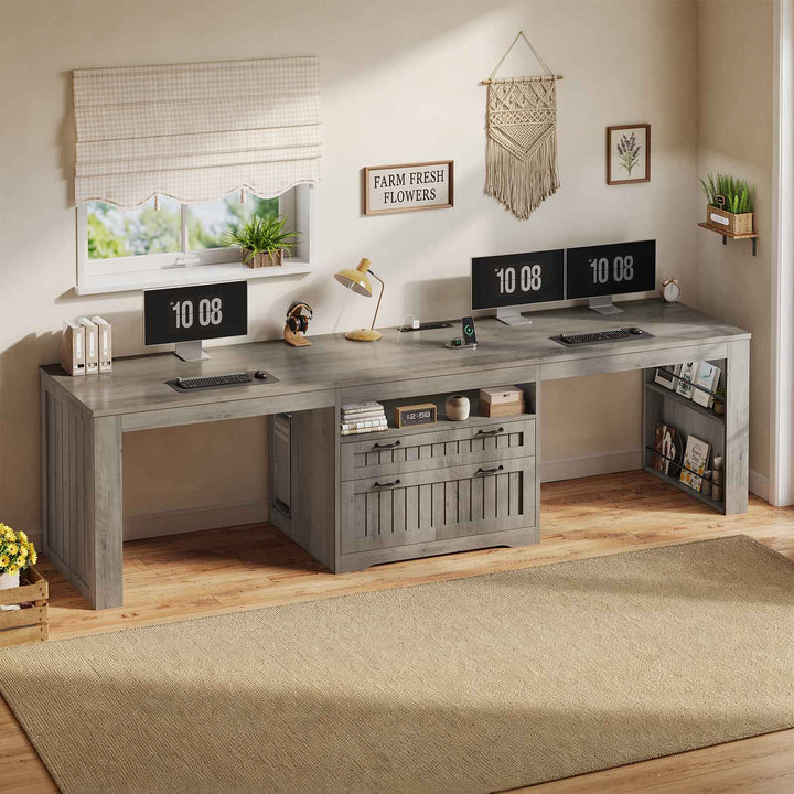 SEDETA® 94.5 Inch Farmhouse Two Person Desk with Large File Drawers Long Computer Desk with Power Outlet Double Computer Desk with Storage Shelves