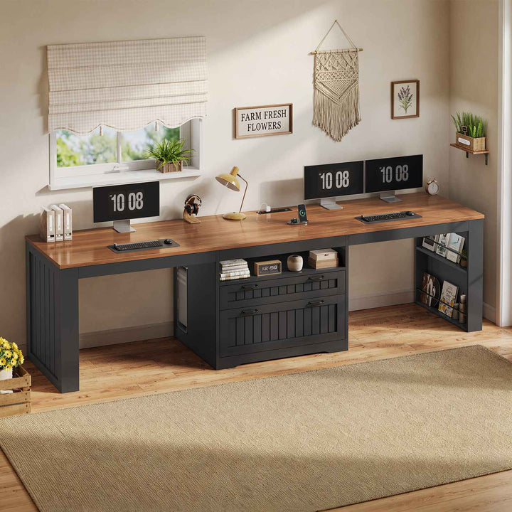 SEDETA® 94.5 Inch Farmhouse Two Person Desk with Large File Drawers Long Computer Desk with Power Outlet Double Computer Desk with Storage Shelves