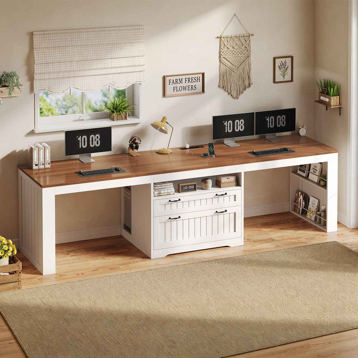 SEDETA® 94.5 Inch Farmhouse Two Person Desk with Large File Drawers Long Computer Desk with Power Outlet Double Computer Desk with Storage Shelves