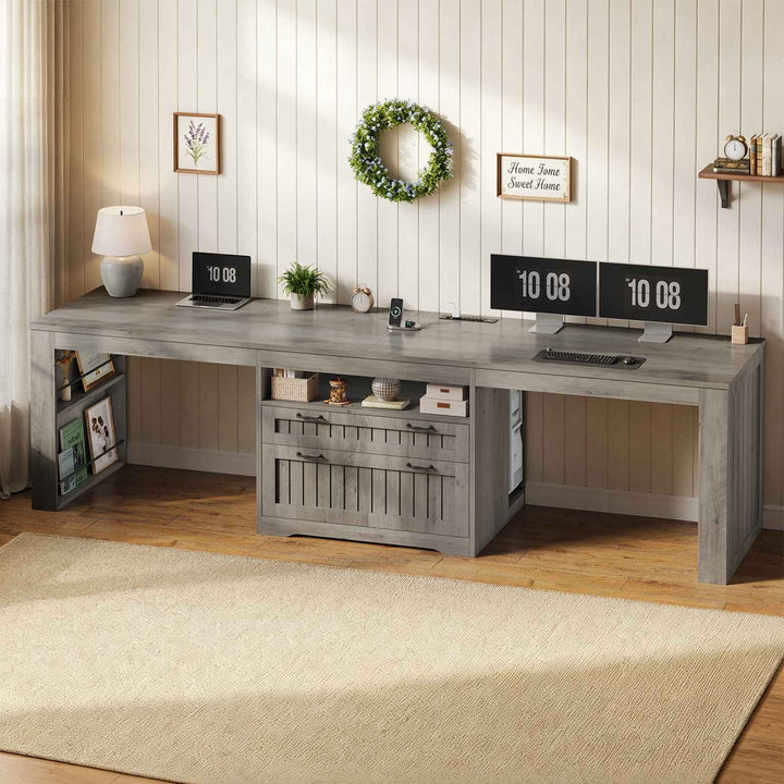 SEDETA® 94.5 Inch Farmhouse Two Person Desk with Large File Drawers Long Computer Desk with Power Outlet Double Computer Desk with Storage Shelves