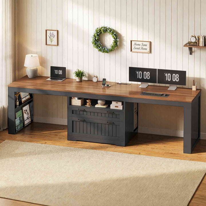 SEDETA® 94.5 Inch Farmhouse Two Person Desk with Large File Drawers Long Computer Desk with Power Outlet Double Computer Desk with Storage Shelves