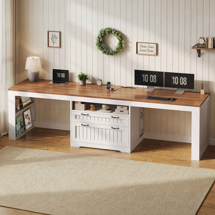 SEDETA® 94.5 Inch Farmhouse Two Person Desk with Large File Drawers Long Computer Desk with Power Outlet Double Computer Desk with Storage Shelves